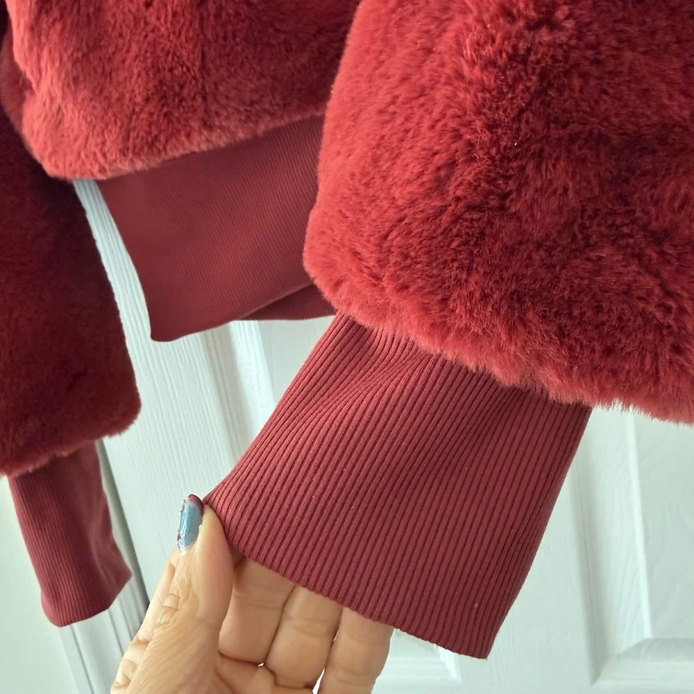 ALO Yoga Faux Fur Hooded Full Zip Jacket Burgundy Red
